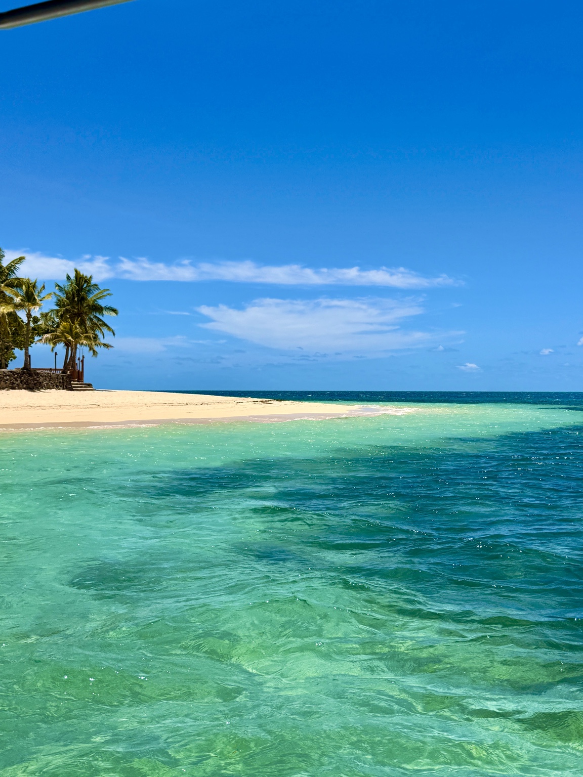 Palm trees and a sandy island beach beside turquoise Fiji waters
